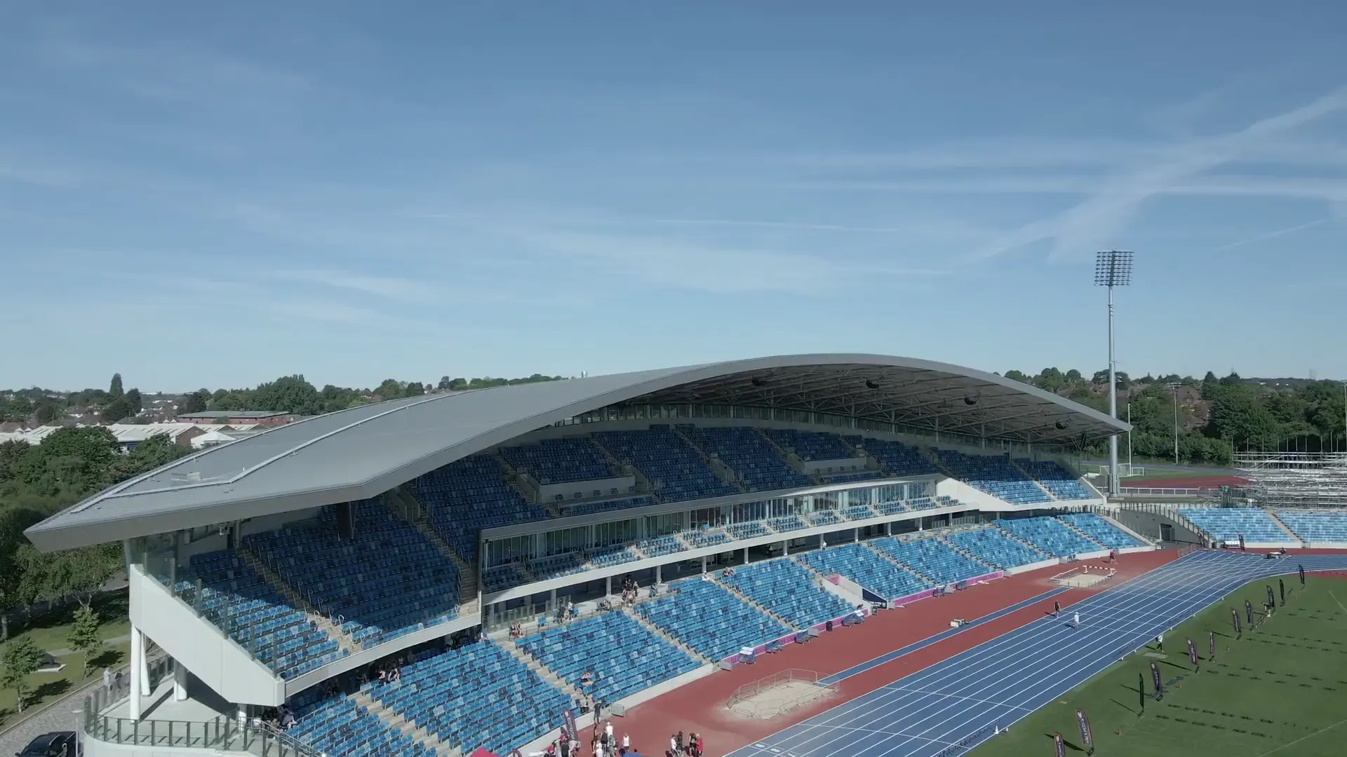 Het Alexander Stadium in Birmingham, gezien vanuit de lucht